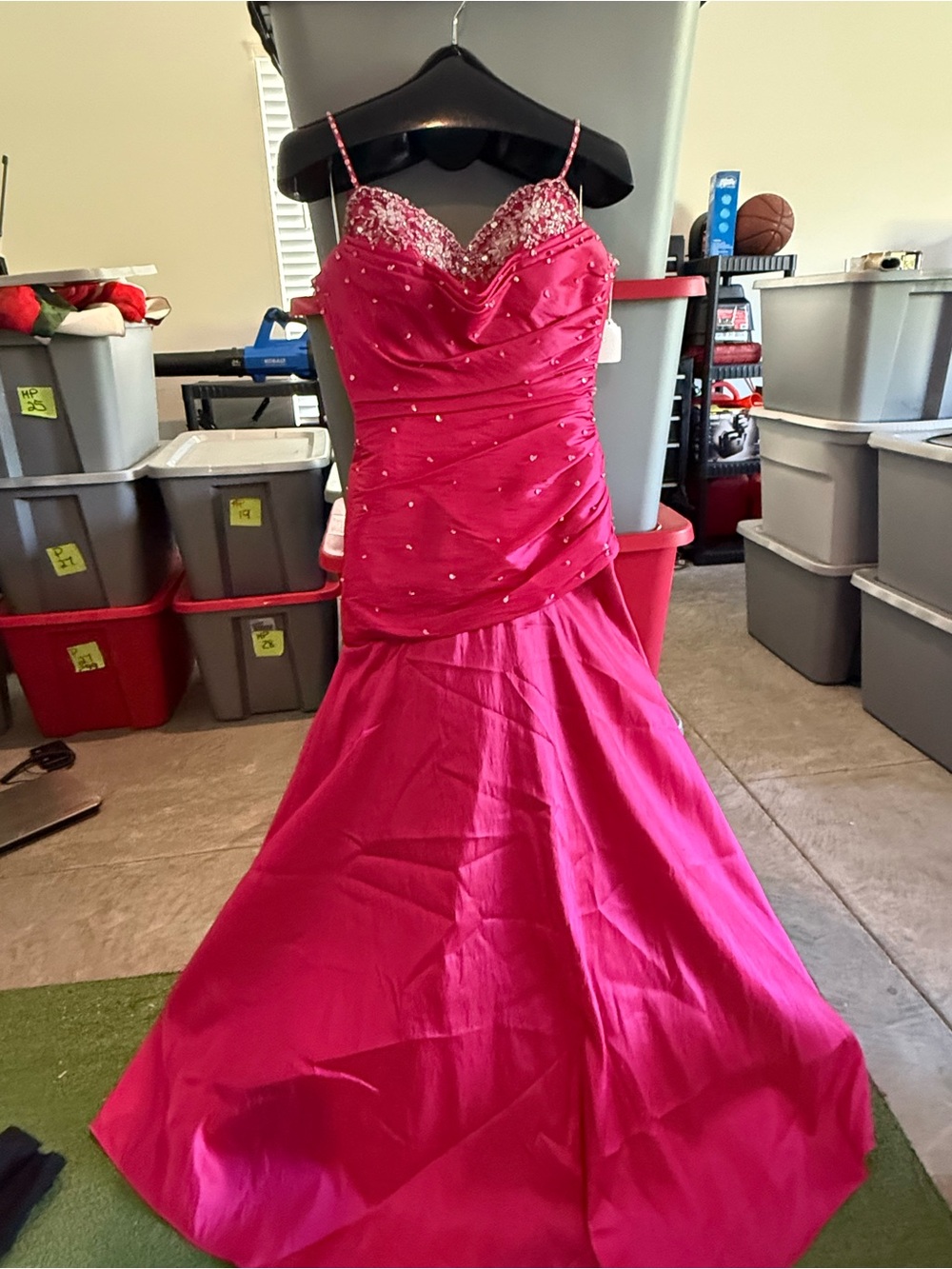 Mori Lee Beaded Hot Pink Spaghetti-Strap Maxi Gown